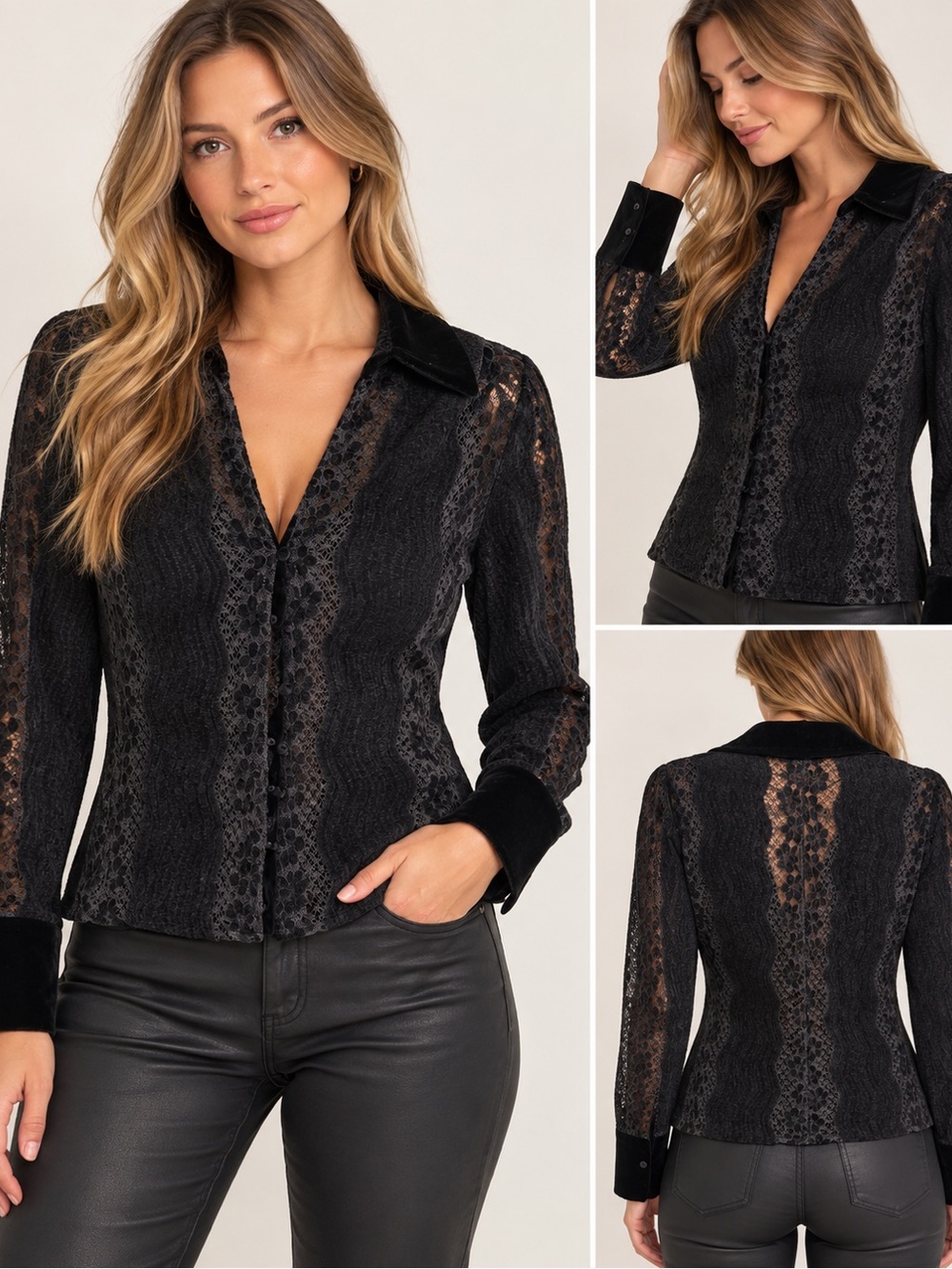 Zara Black Lace Velvet-Collar Button Down Shirt
